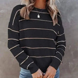 Women Round Neck Striped Long Sleeve Pullover Loose-Black-3