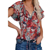 Floral V-Neck Women's Casual Blouse-Cherry Blossom Red-1