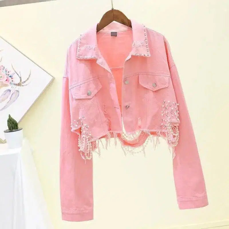 Women's denim short coat-Pink-4