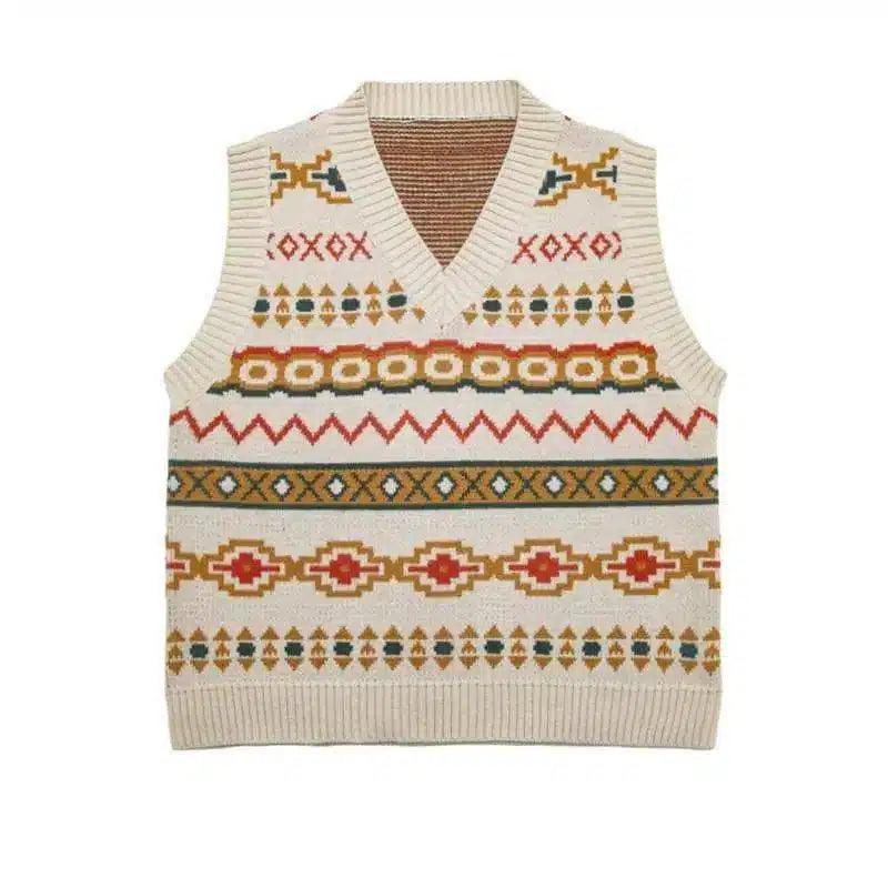 Patterned Knit Sleeveless Sweater Vest-Beige-2