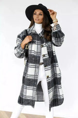 Plaid Wool Blend Long Coat for Women-Black-1