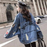 Oversized Distressed Denim Jacket-Blue-1