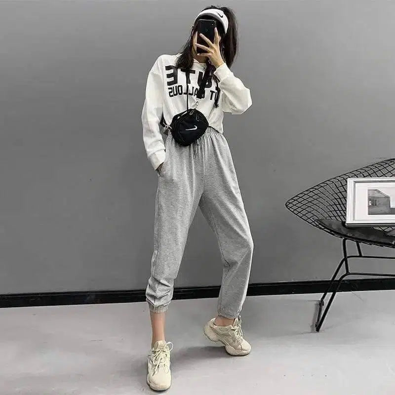 Women's loose high waist casual pants-Light Grey-3