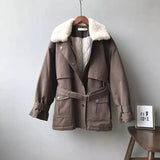 Fleece-Lined Belted Winter Jacket with Pockets-Coffee-3