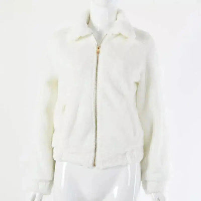 Faux Fur Zip-Up Jacket for Women-White-3