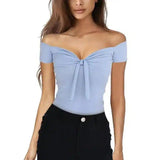 Off-Shoulder Bow Front Women's Top-Light Blue-2