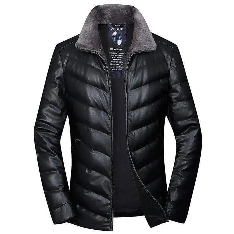 Wool collar youth men's leather down jacket short warm down-Black-2