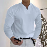 Male Fashion Casual Solid Color V-neck Long Sleeve Shirts Wine Red / Without pockets / 5XL-White-11