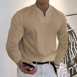 Male Fashion Casual Solid Color V-neck Long Sleeve Shirts Wine Red / Without pockets / 5XL-Khaki-15