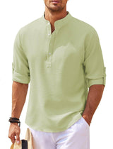 Men's Casual Shirt Long Sleeve Stand Collar Solid Color-Green-6