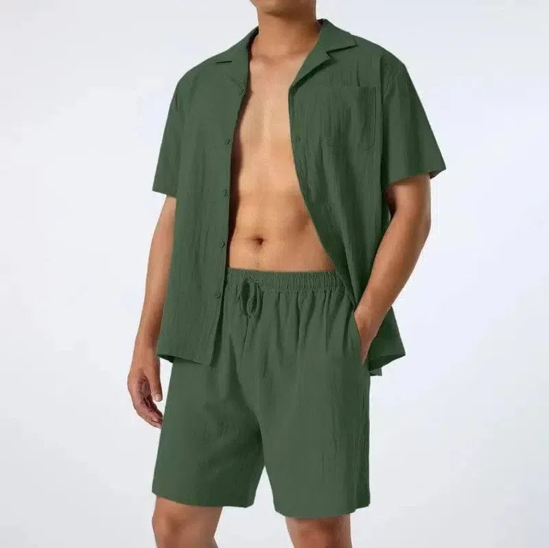 Men's Fashion Loose Casual Men's Shirt Two-Piece Set-Green-4