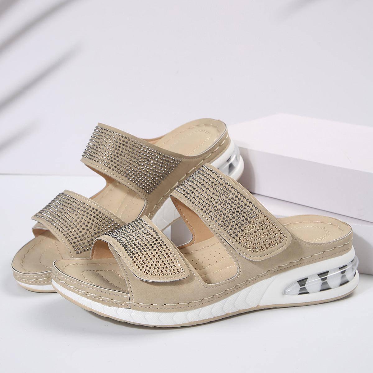 New Air Cushion Wedges Sandals Summer Casual Rhinestone-Beige-10