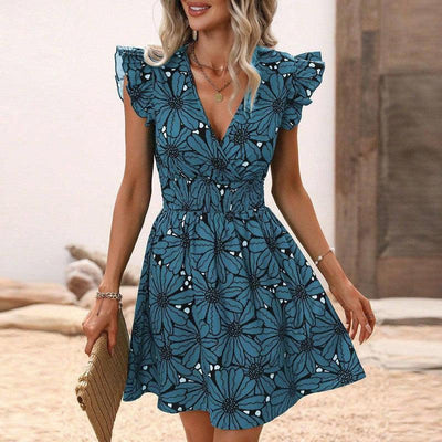 New Flowers Print Ruffled Sleeveless Dress Summer Sexy Deep-Navy Blue-5