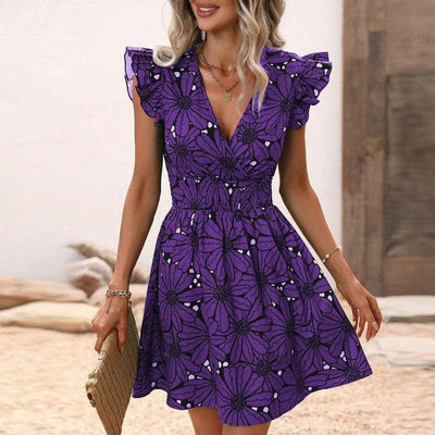 New Flowers Print Ruffled Sleeveless Dress Summer Sexy Deep-Purple-7