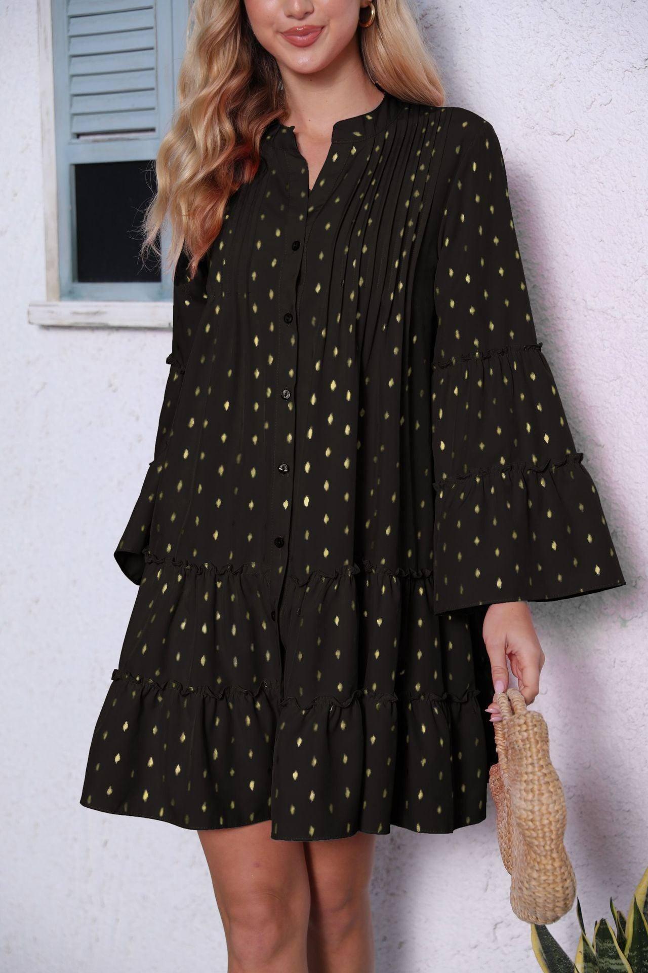 New Printed Bronzing Pleated Flared Long Sleeve Dress Summer-Black-4