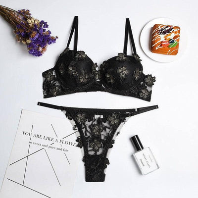 New Sexy Lingerie Set Flower Embroidery Girl Underwear With-Black-7