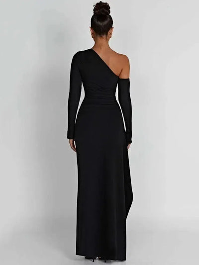 Oblique Shoulder High Split Maxi Dress - Backless Party-3