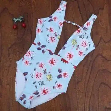 One-piece Swimsuit, Flower Swimsuit,-Skyblue-3