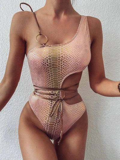 One-shoulder snake bikini-Pink-4