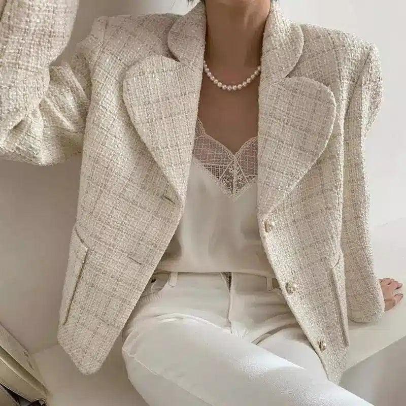 Women's Textured Blazer with Pearl Necklace-Apricot-1