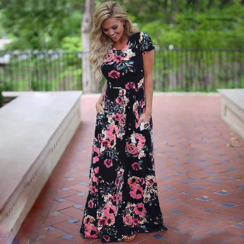 Pink Floral Boho Maxi Dress - Summer 2022 Beach Party Wear-Black-4