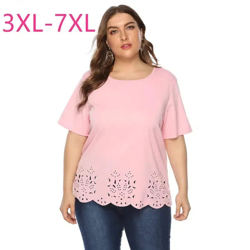 New 2021 Summer Plus Size Tops For Women Large Short Sleeve Loose Hollow Out Pink O-neck T-shirt 3XL 4XL 5XL 6XL-1