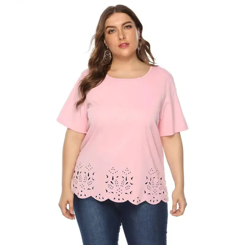 New 2021 Summer Plus Size Tops For Women Large Short Sleeve Loose Hollow Out Pink O-neck T-shirt 3XL 4XL 5XL 6XL-Pink-6