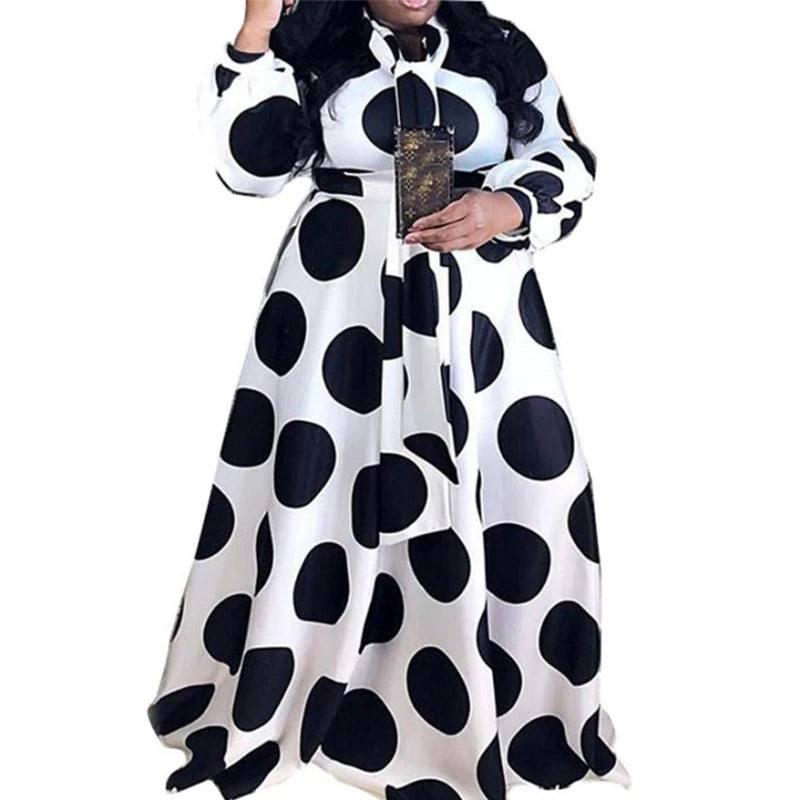 Plus Size Clothing Women Boho Long Maxi Dress 5XL Casual Dots Dresses Bow Elegant Ladies Big Shirt Dress Wholesale Dropshipping-2