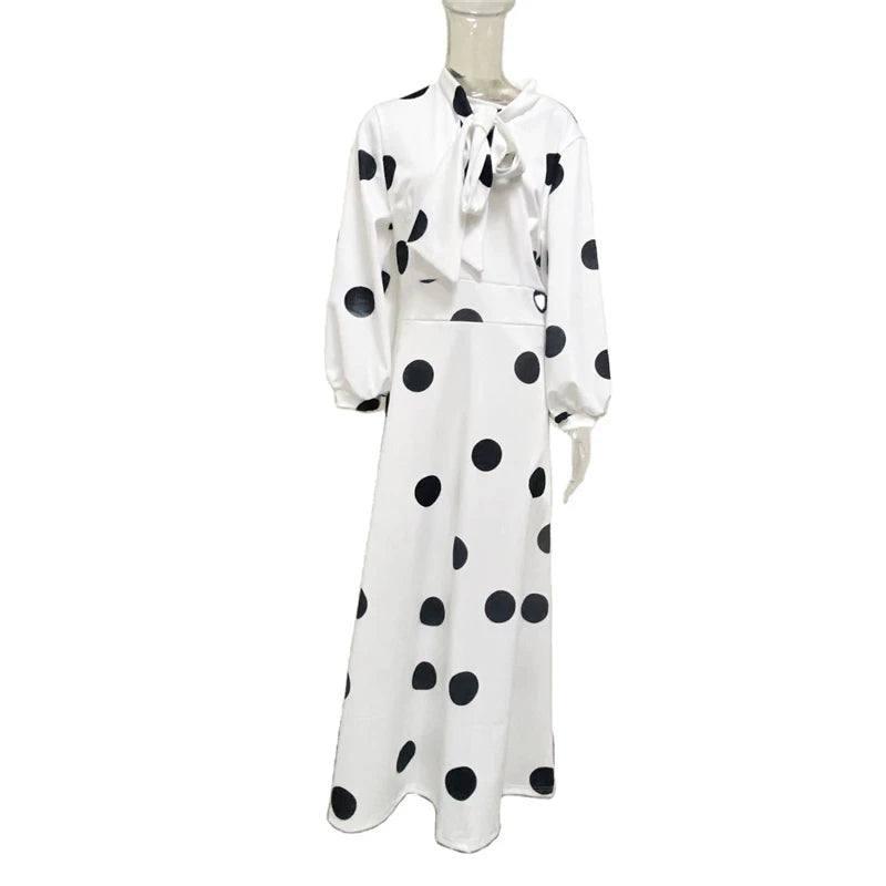 Plus Size Clothing Women Boho Long Maxi Dress 5XL Casual Dots Dresses Bow Elegant Ladies Big Shirt Dress Wholesale Dropshipping-WHITE-8