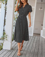 Polka Dot Print Shirt Collar Large Swing Dress-7