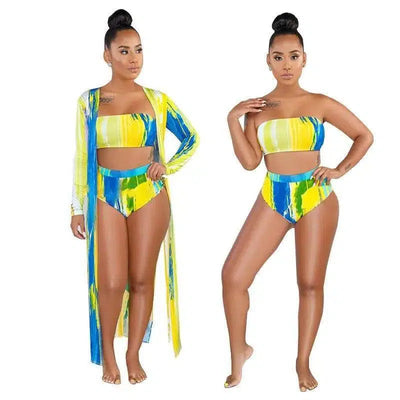 Printed Casual Shawl, Bikini Swimsuit Suit-Yellow-2