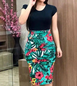 Printed Office Midi Pencil Dress Large Women Dress-Green-31