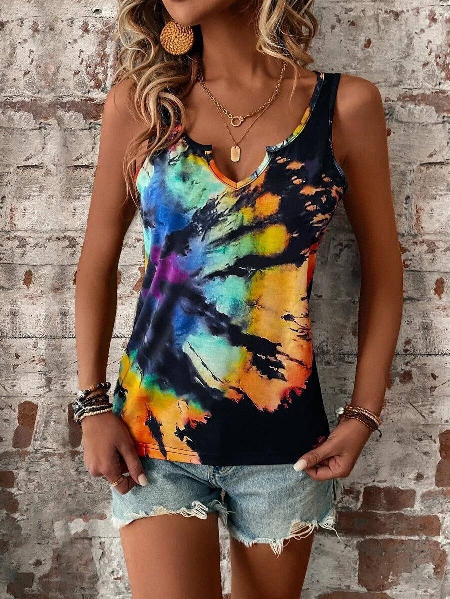 Printed Painted V-neck Open Vest Top-Orange-6