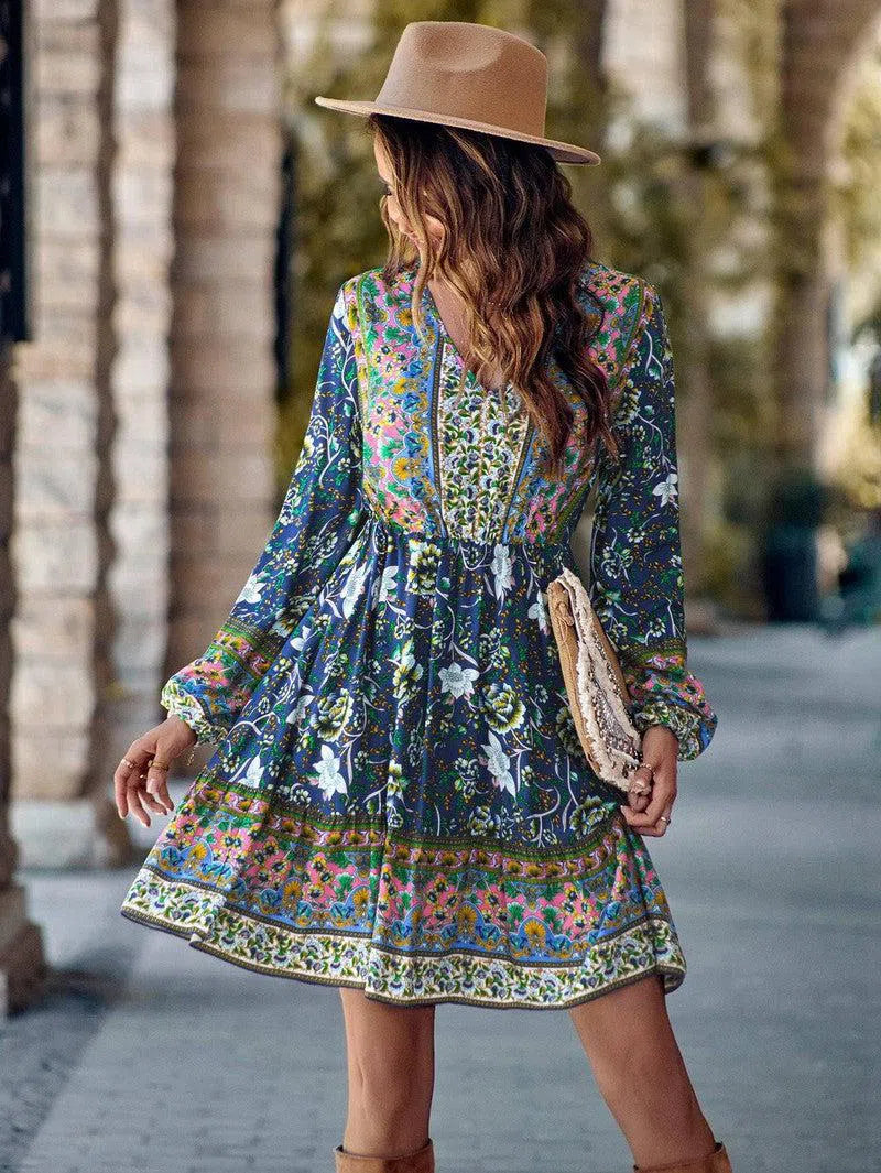 Printed V-neck Waist-controlled Long Sleeves Dress Women-8