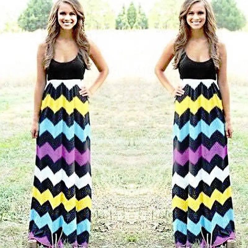 Printed Waves Stripe Long Skirt Dress-Black-32