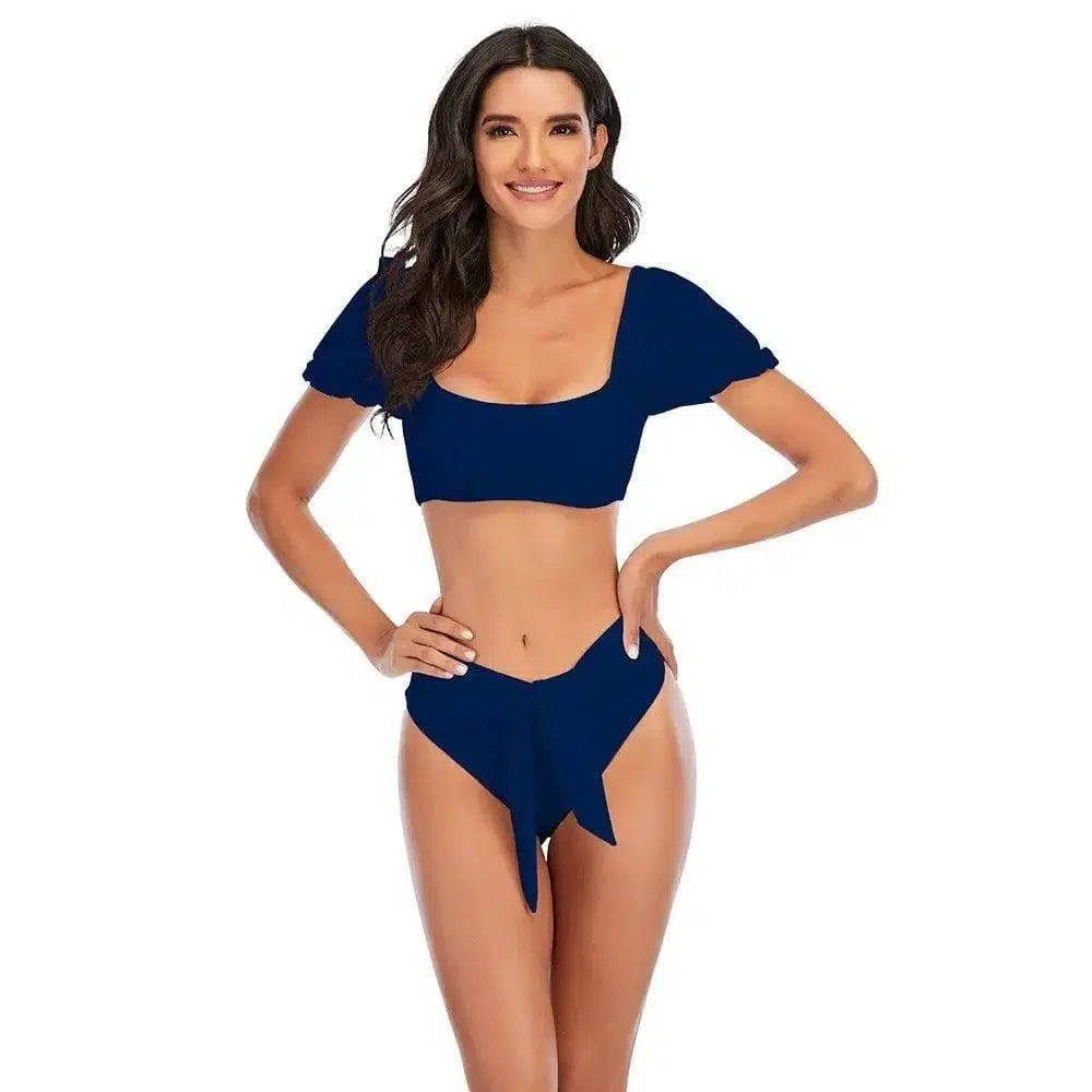 Puff Sleeve One-Line Neck Swimsuit High Waist Tie Bikini-Navyblue-2