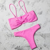 Pure Color Bikini Strap And Bow Split Swimsuit-Pink-8