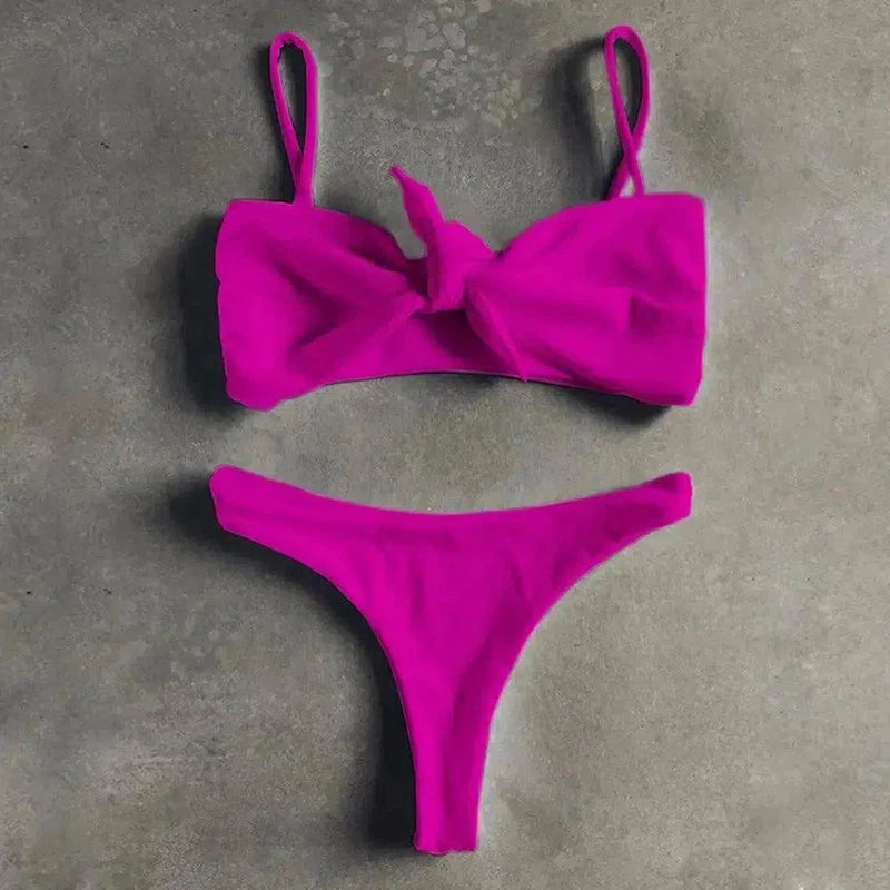 Pure Color Bikini Strap And Bow Split Swimsuit-RoseRed-9