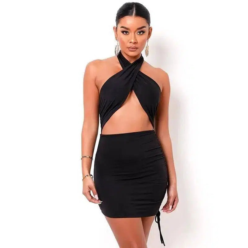 LOVEMI - Pure Color Cross Halter Halter Back And Navel Sexy Dress