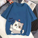 Cute Cat Graphic Casual Cotton Tee-Dark blue-10