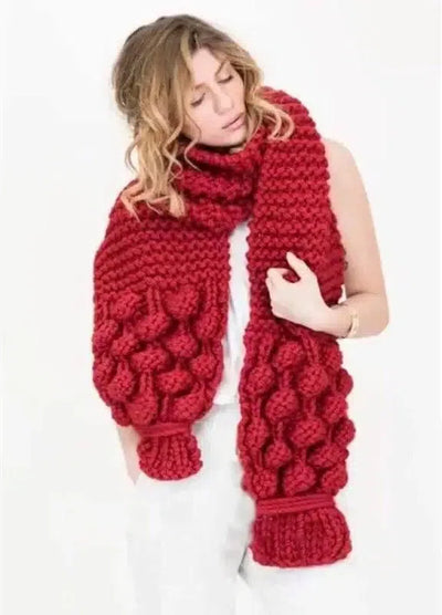 Pure Hand Woven Ball Wool Scarf For Women-Wine red-4