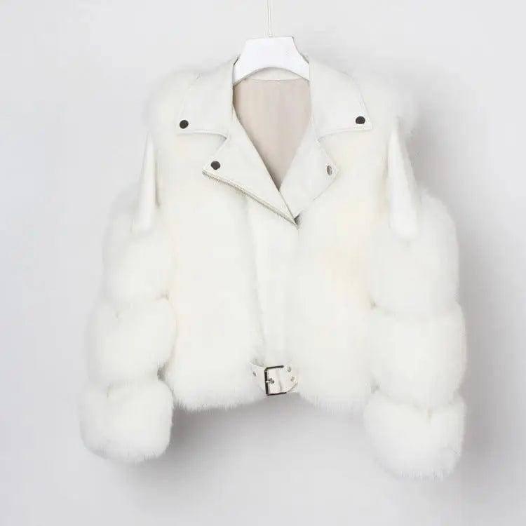 Real fur grass motorcycle fox coat-White-3