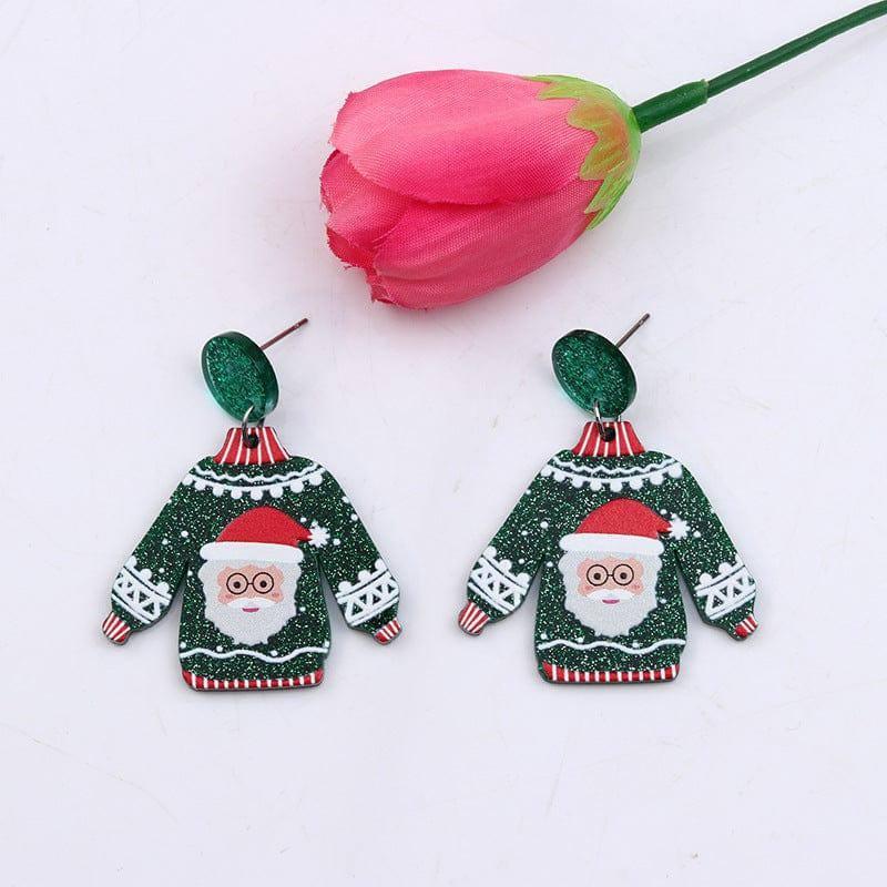 Red Sweater Christmas Earrings Cute Elk Female-Old Man Green Sweater-4