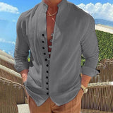 Retro Button Design Long-sleeved Shirt Men's Casual Loose Top Mens Clothing-Grey-4