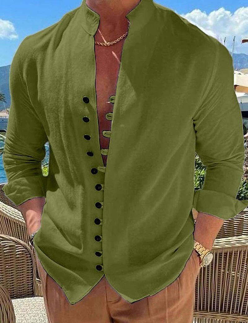 Retro Button Design Long-sleeved Shirt Men's Casual Loose-Green-5