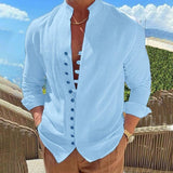 Retro Button Design Long-sleeved Shirt Men's Casual Loose Top Mens Clothing-Sky Blue-7