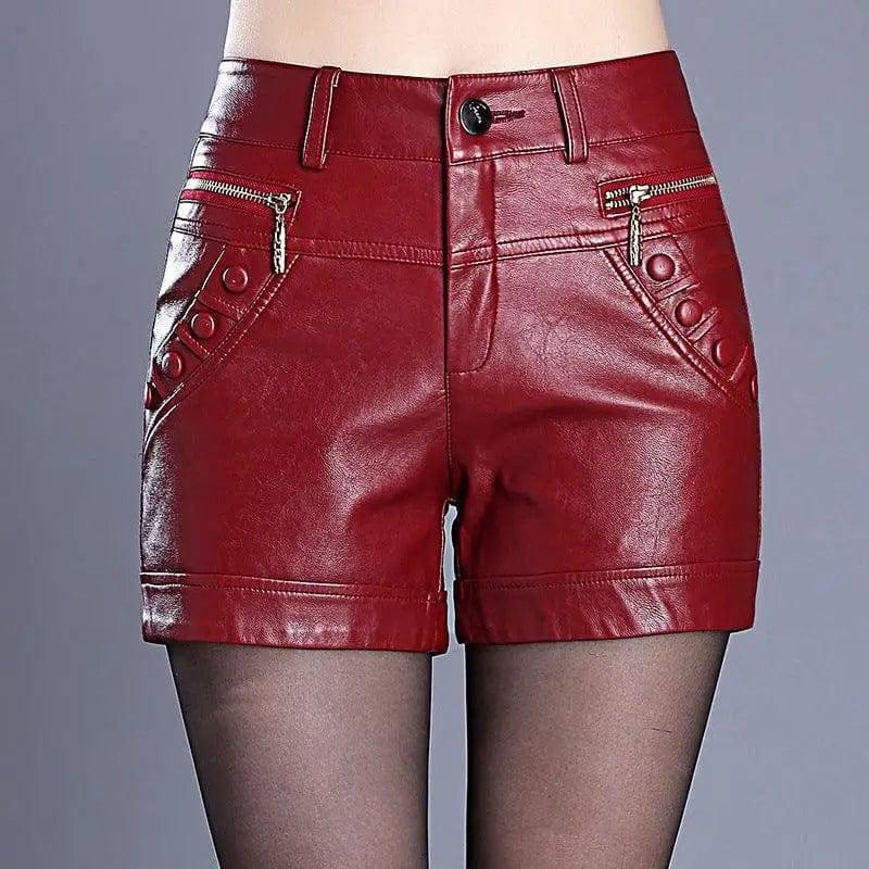 Retro high waist slim slim straight casual pu leather shorts-BH1907red-12