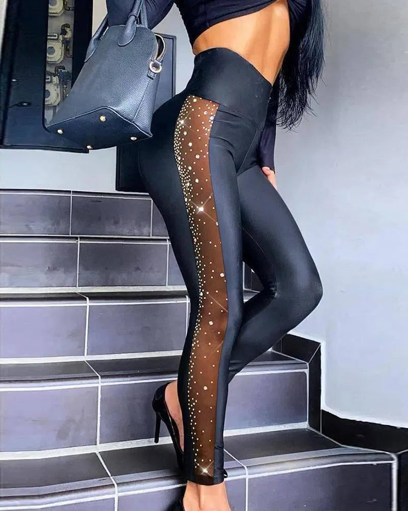 Rhinestone Stitching Tight Trousers-Black-2