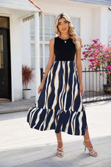 Round Neck Sleeveless Long Dress Summer Fashion Striped Print Dresses Womens Clothing-4