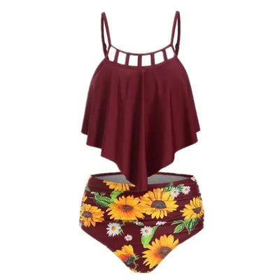 Ruffled Sunflower-print High-rise Bikini European-Red-5